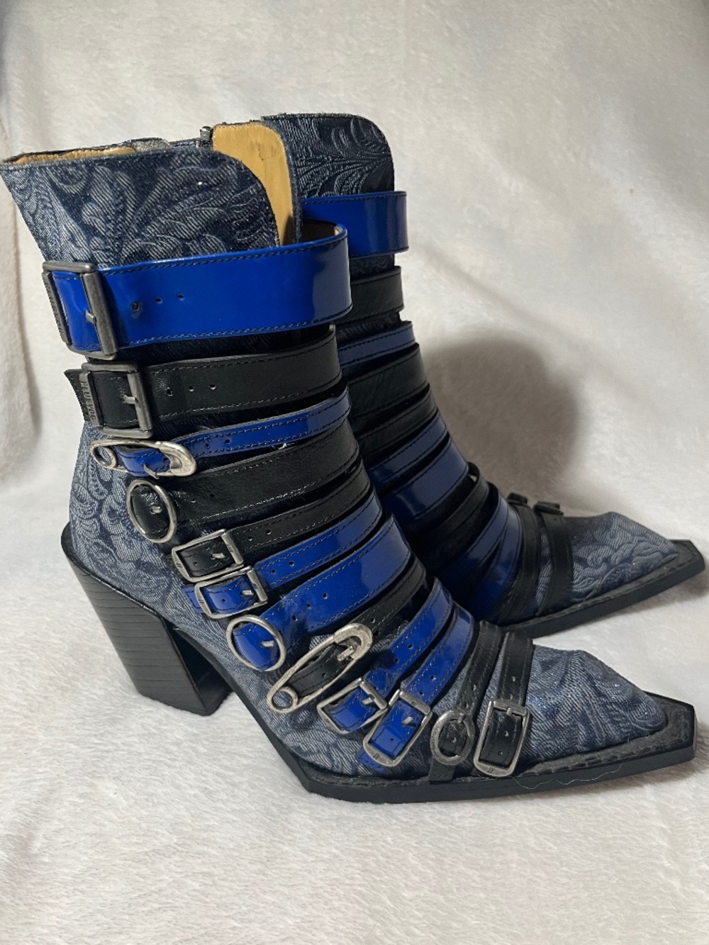 Fluevog swordfish boots safety pin hardware patent and glitter embossed leather